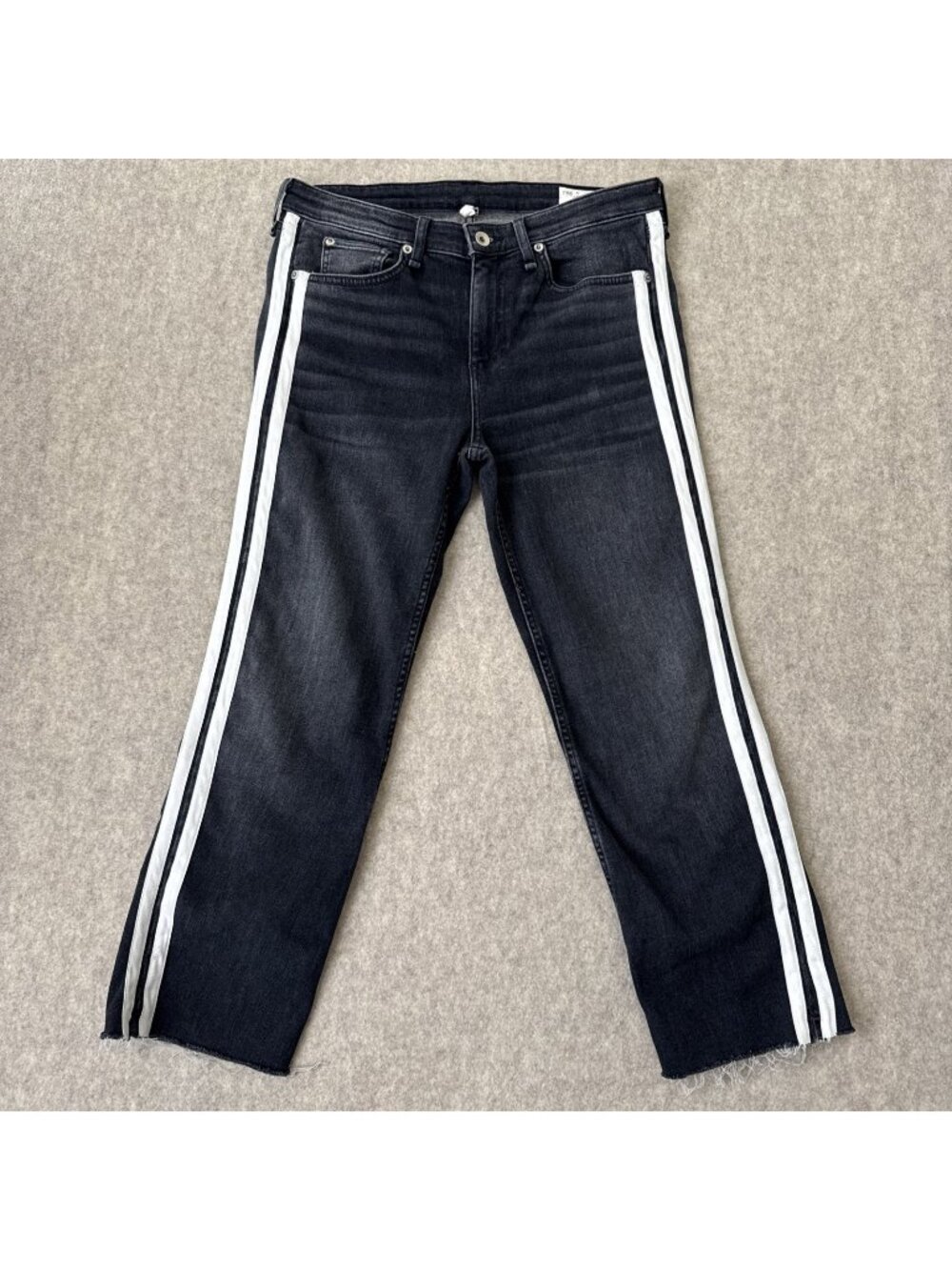 Rag Bone Cate Flare Jeans Womens 29 Charcoal Stripe Mid Rise Ankle Cropped Raw
